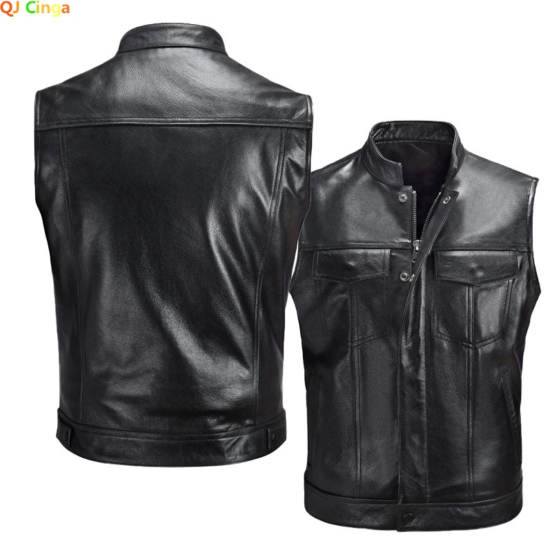 Black Collar Sleeveless PU Vest Jacket Men's Single-breasted Up and Down with Pockets Faux Leather Vests Coat S M L XL XXL XXXL