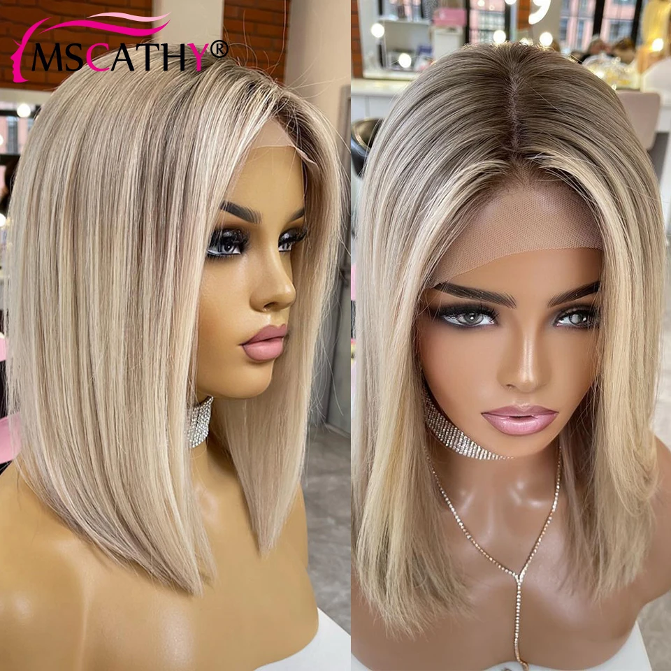 13x4 Ash Blonde Highlight Lace Front Wig Short Straight Bob Brown Human Hair Wigs HD Transparent Lace Frontal Wigs Preplucked