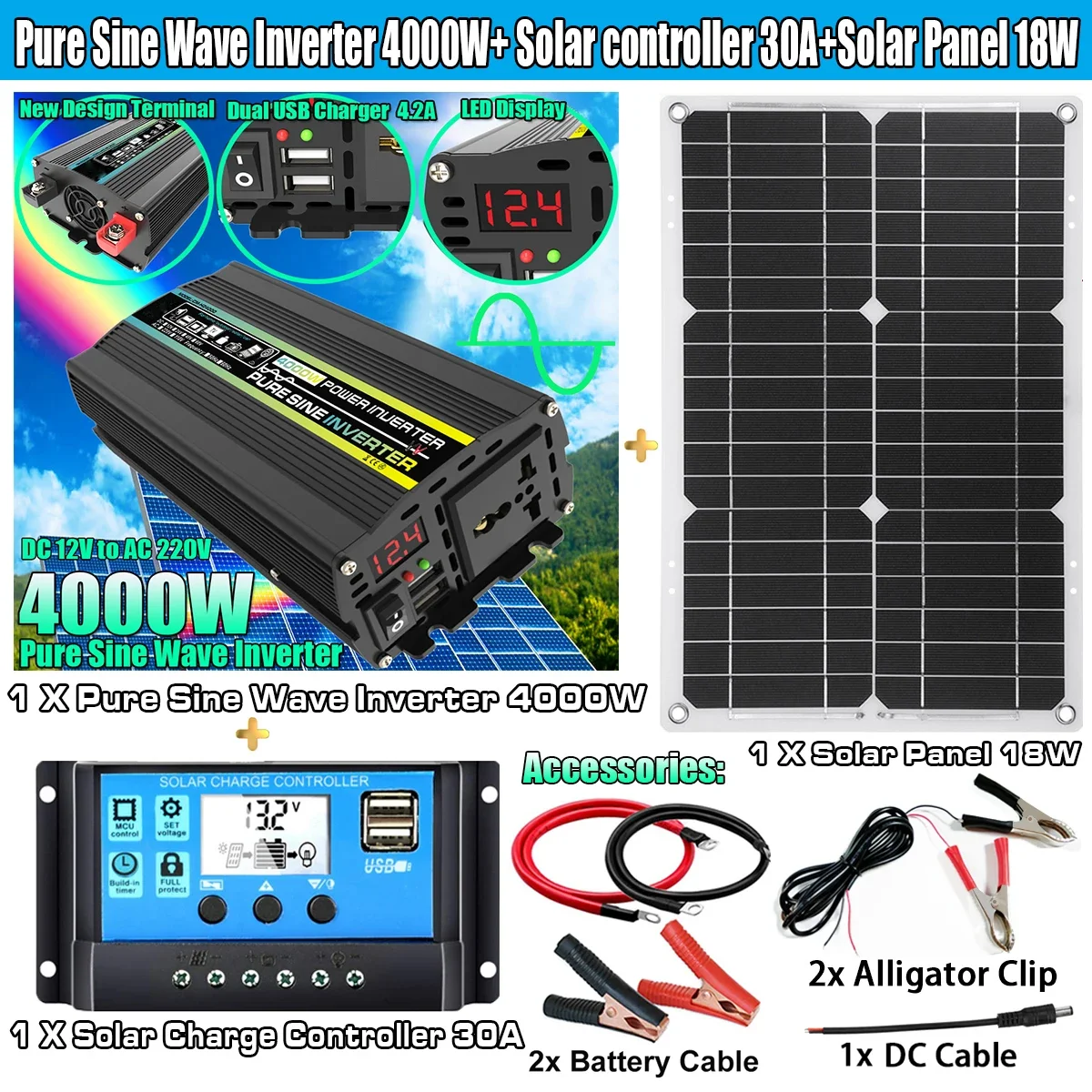 Kit Solar de onda sinusoidal pura de 4000W, sistema de energía Solar de 12V  a 110/220V 50/60HZ con controlador Solar para barco, autocaravana,  suministro al aire libre - AliExpress