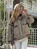 HH Women Vintage Solid Quilted Coat Stand Collar Long Sleeve Zipper Jacket Casual Drawstring Pocket Design Winter Outwear