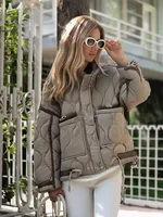 HH Women Vintage Solid Quilted Coat Stand Collar Long Sleeve Zipper Jacket Casual Drawstring Pocket Design Winter Outwear