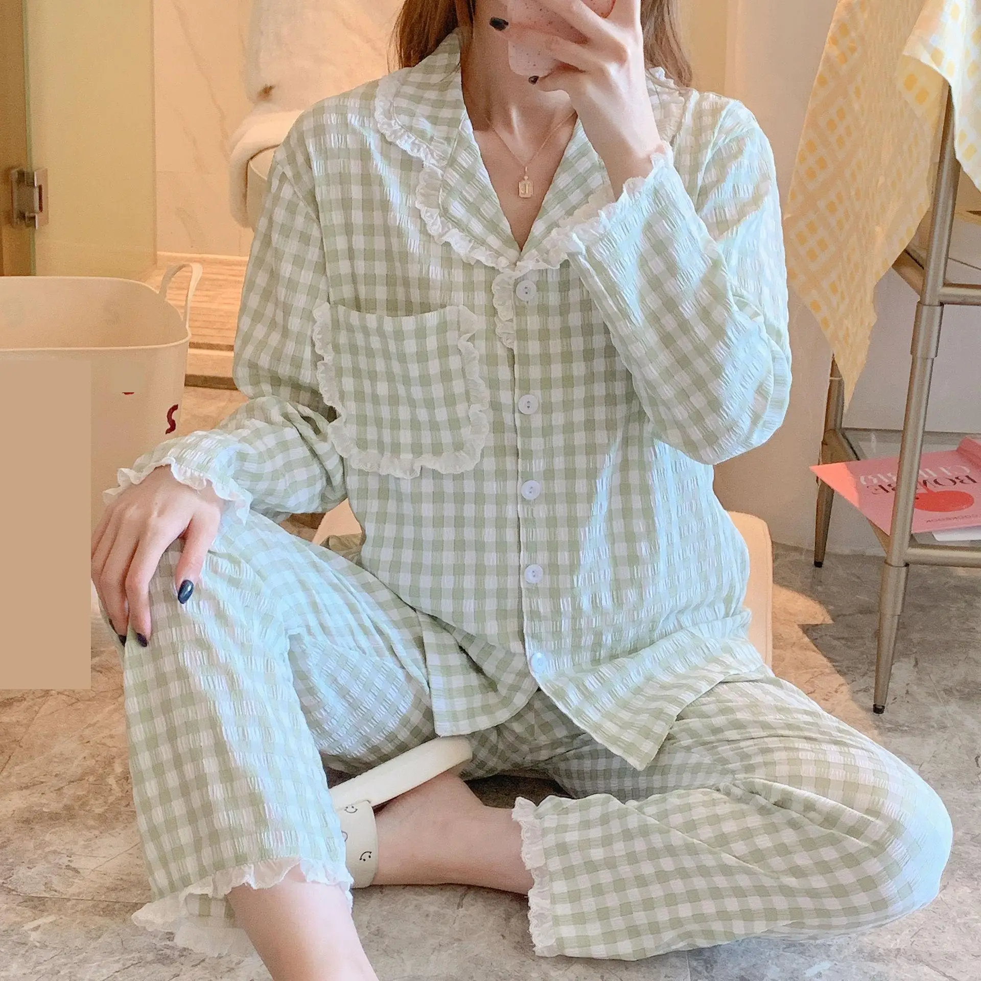 

Lapel Female Pajamas Set Spring 2PCS Long Sleeve Shirt Trouser Sleep Suit Home Wear Clothing Women Sleepwear Pijamas Lingerie