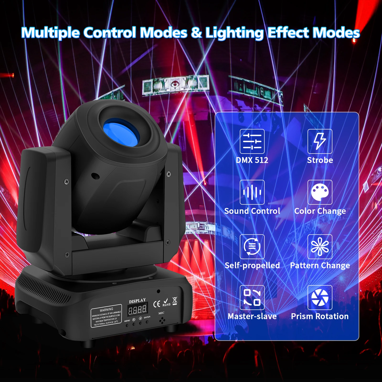 

85W DJ Disco Lighting Stage Effcet Sound Control Rotating Light RGBW Gobo Beam Light Moving Head Lamp for Party Wedding Bar Club