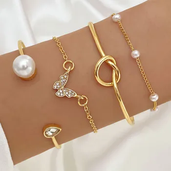 4Pcs/Set Trendy Individuality Open Mouth Bracelet Set for Women Zircon Gold Color Butterfly Pearl Open Cuff Bangle Girls Jewelry 1