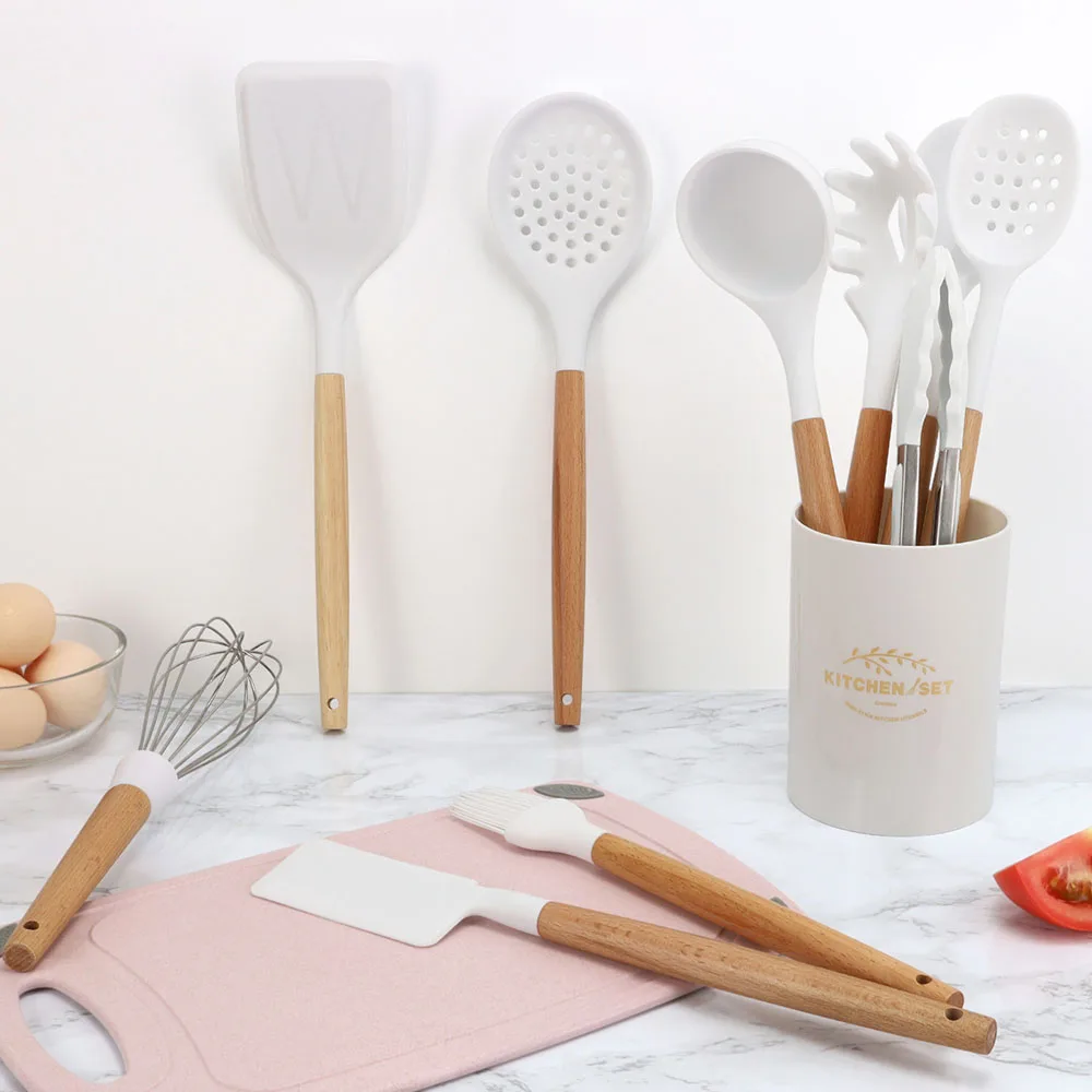 White Silicone Kitchenware Non-stick Cooking Utensils Set Cookware Spatula  Spoon Shovel Wooden Handle Kitchen Tool Set