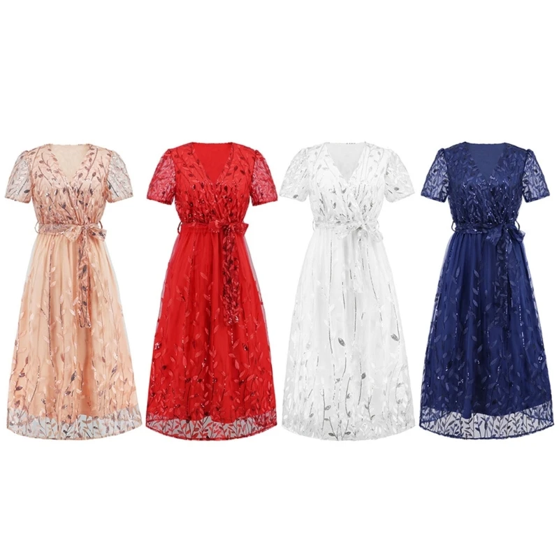 

Women Elegant Floral Lace Dress Short Sleeve V-Neck Cocktail Dress for Evening Party Dropship
