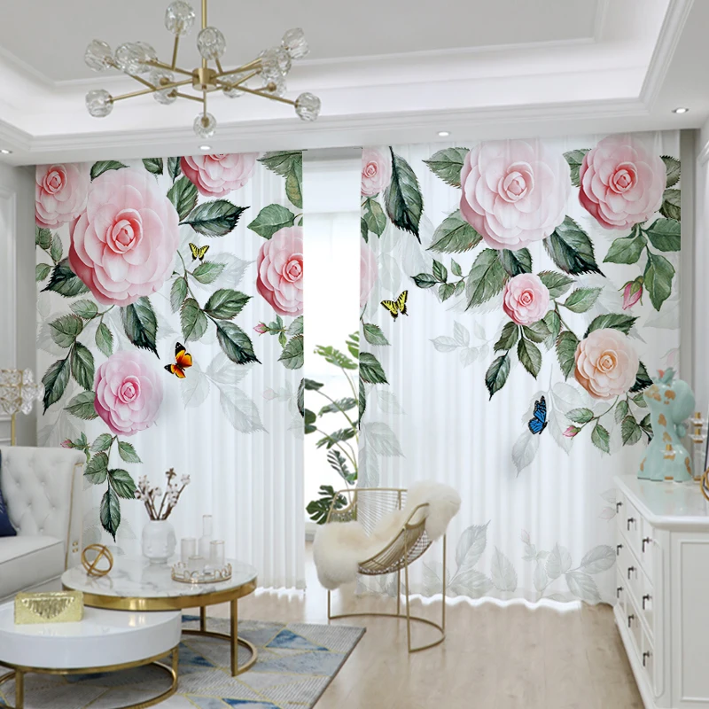 

2 Panels Pink Flower Curtain Green Leaf Curtain Butterfly Voile Tulle Curtain for Kitchen Bedroom Balcony Window Sheer Cortinas