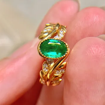 UBESTNICE Classic Real 18K Solid Yellow Gold Jewelry Au750 Wheat Ear Natural Diamonds Vivid Green Emerald Rings for Women Gift 1