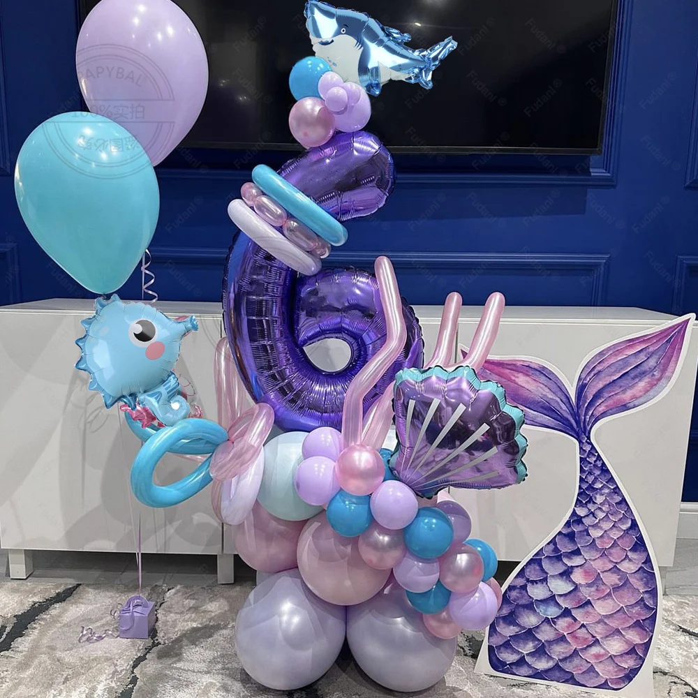 32 Pollici Viola Numero 1-9Th Baby Birthday Party Foil Palloncini In Lattice Set Blue Sea Fish Mini Shark Shells Balls Giocattoli Per Bambini Fornitur