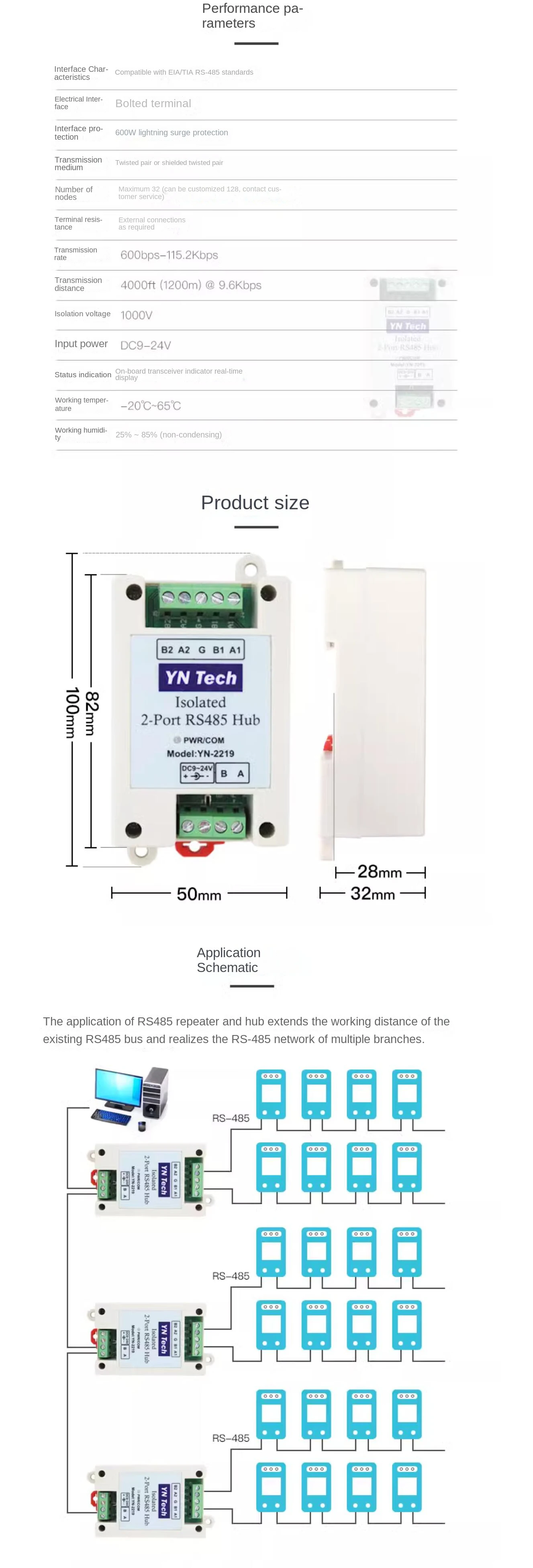 YN2219 2Channel RS485 Repeater Optoelectronic Isolation Industrial Grade Hub Sig