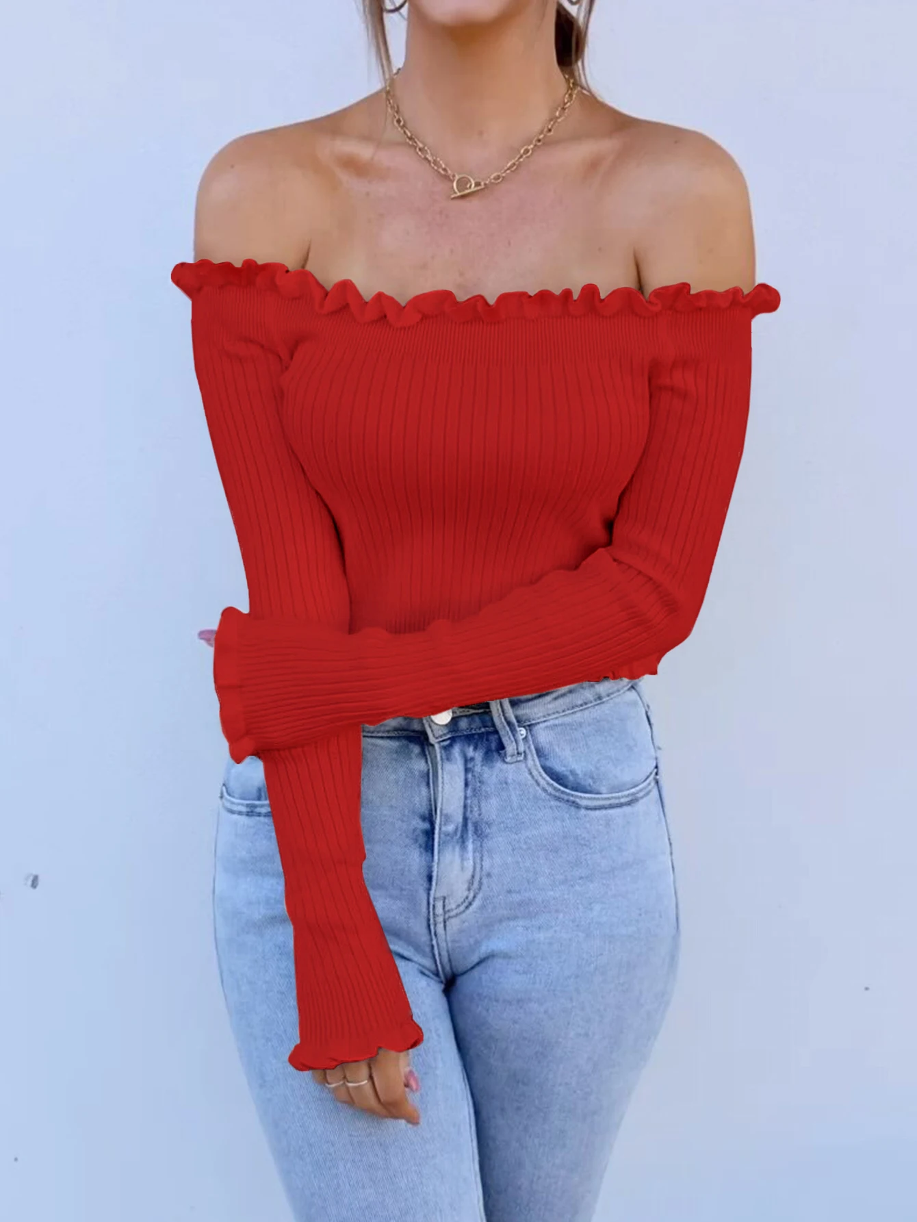 Strapless neckline long-sleeved knitwear slim top for women with wooden ears