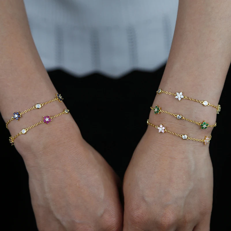 2023 Summer New Colorful Women Jewelry Multi Color CZ Station Link Chain  Dainty Flower Charm Bracelet