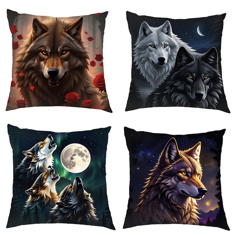 

Howling Wolf Pattern Cushion Covers Under The Moonlight Pillowcases Sofa Bedroom House Office Pillowcase Home Party Car Bedding