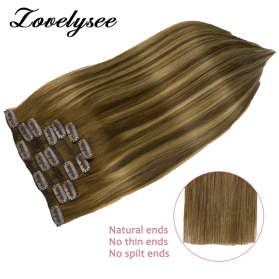7Pcs Clip in Human Hair Extensions Straight Balayage Hair Extensions Vrigin Remy Human Clip Ins for Women 14 to 24 Inch