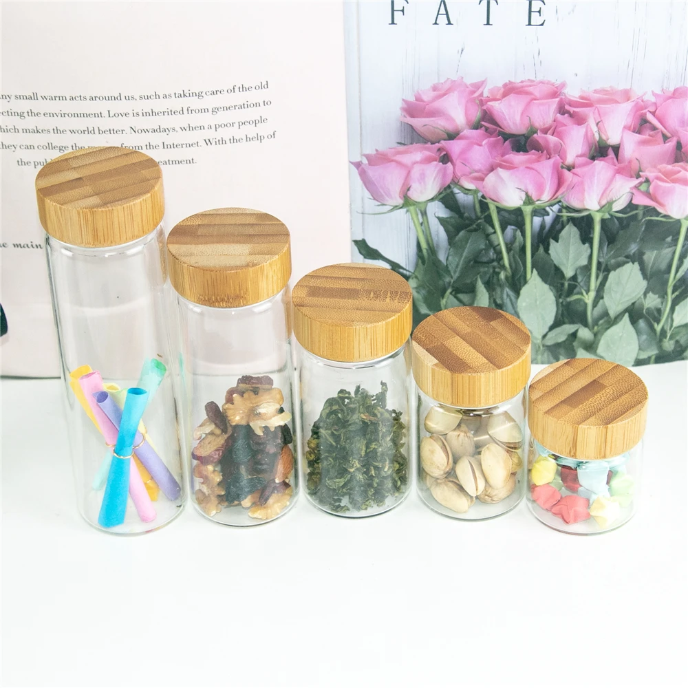 6units Glass Bottle with Aluminum Bamboo Double Cap 50ml 80ml 100ml 150ml 190ml Glass Storage Jars Candy Food Leak proof Bottles 4