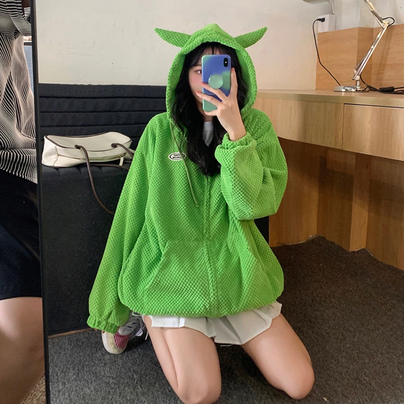 Women's Monochromatic Long Sleeved Hooded Sweater Zipper Jacket Kawaii Clothes Korean Autumn and Winter