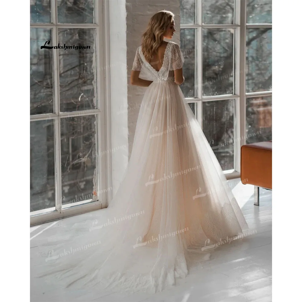 

Lace Boho Wedding Dress Lace Appliques Champagne Dot Tulle V-neck Backless Wedding Party Gowns trouwjurk