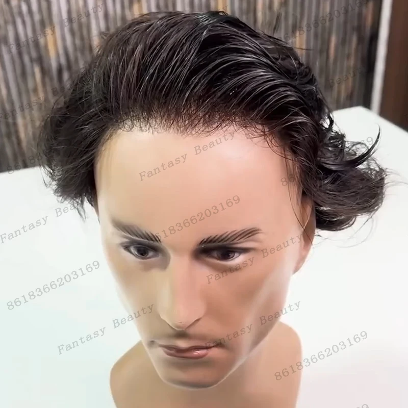Undetectable Micro Thin 80Density 0.02mm Skin Base Men Toupee Capillary Prosthesis Hairpiece Real Human Hair Male Wigs System