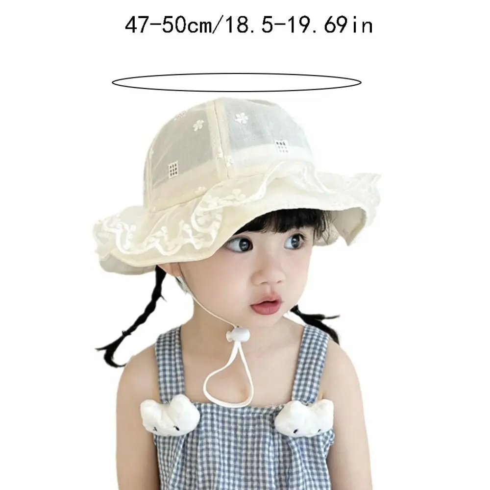 Fashion Sweet White Lace Bucket Hat Princess Sunscreen Toddler Sun Hat with Rope Ruffle Baby Fishermen Hat Beach