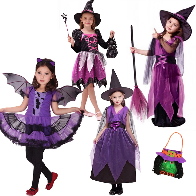 

Baby Girls Halloween Purple Witch Costume Children Cosplay Vampire Maleficent Dresses Kids Dress Up Clothes With Hat 1-12Years