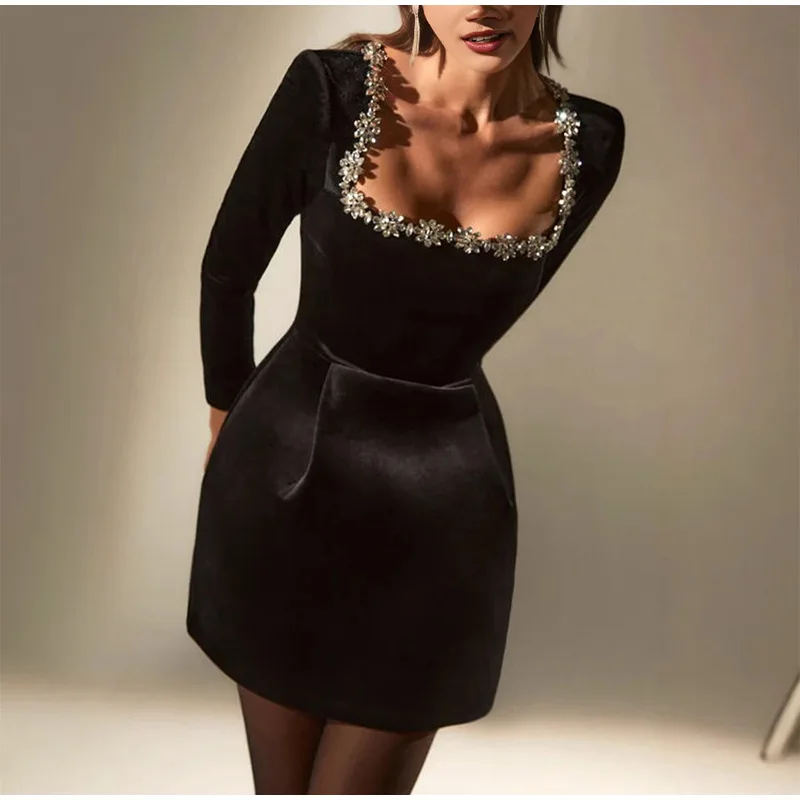 Elegant Rhinestone Decor Velvet Mini Dress Black Square Neck Long Sleeve High Waist A-line Dresses Lady Evening Party Gown
