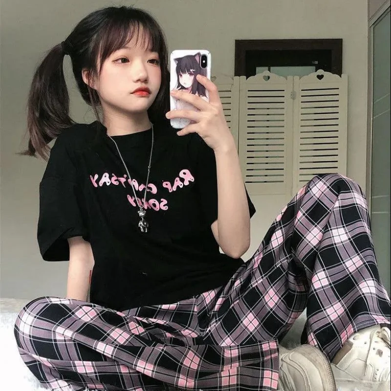 Black and Pink Plaid Pants Oversize New Women Casual Loose Wide Leg Pants Ins Retro Teenagers Straight Trousers Hiphop Streetwea cargo pants for women