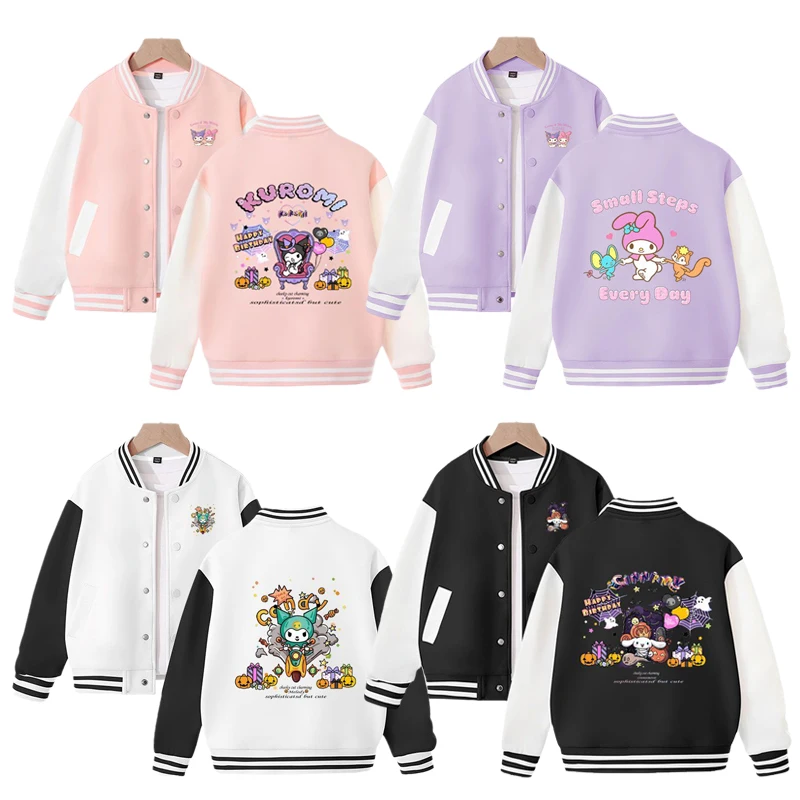 

Sanrios Cute My Melody Cinnamoroll Kuromi Fashion Baseball Uniform Coat Kawaii Boys Girls' Jacket Top Children Clothing Gift
