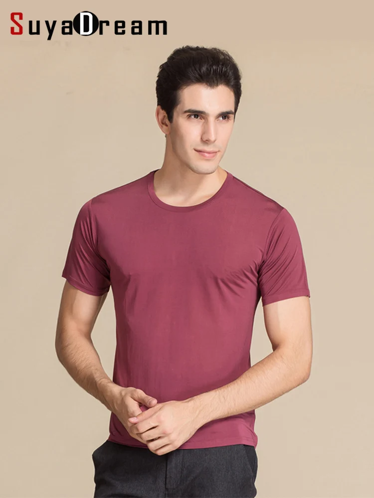 SuyaDream Мужская футболка из 100% натурального шелка с круглым вырезом и короткими рукавами, шикарная Однотонная футболка, новинка 2022, весенне-летний топ белого цвета SuyaDream Мужская футболка из 100% натурального шелка с круглым вырезом и короткими рукавами, шикарная Однотонная футболка, новинка 2022, весенне-летний топ белого цвета
