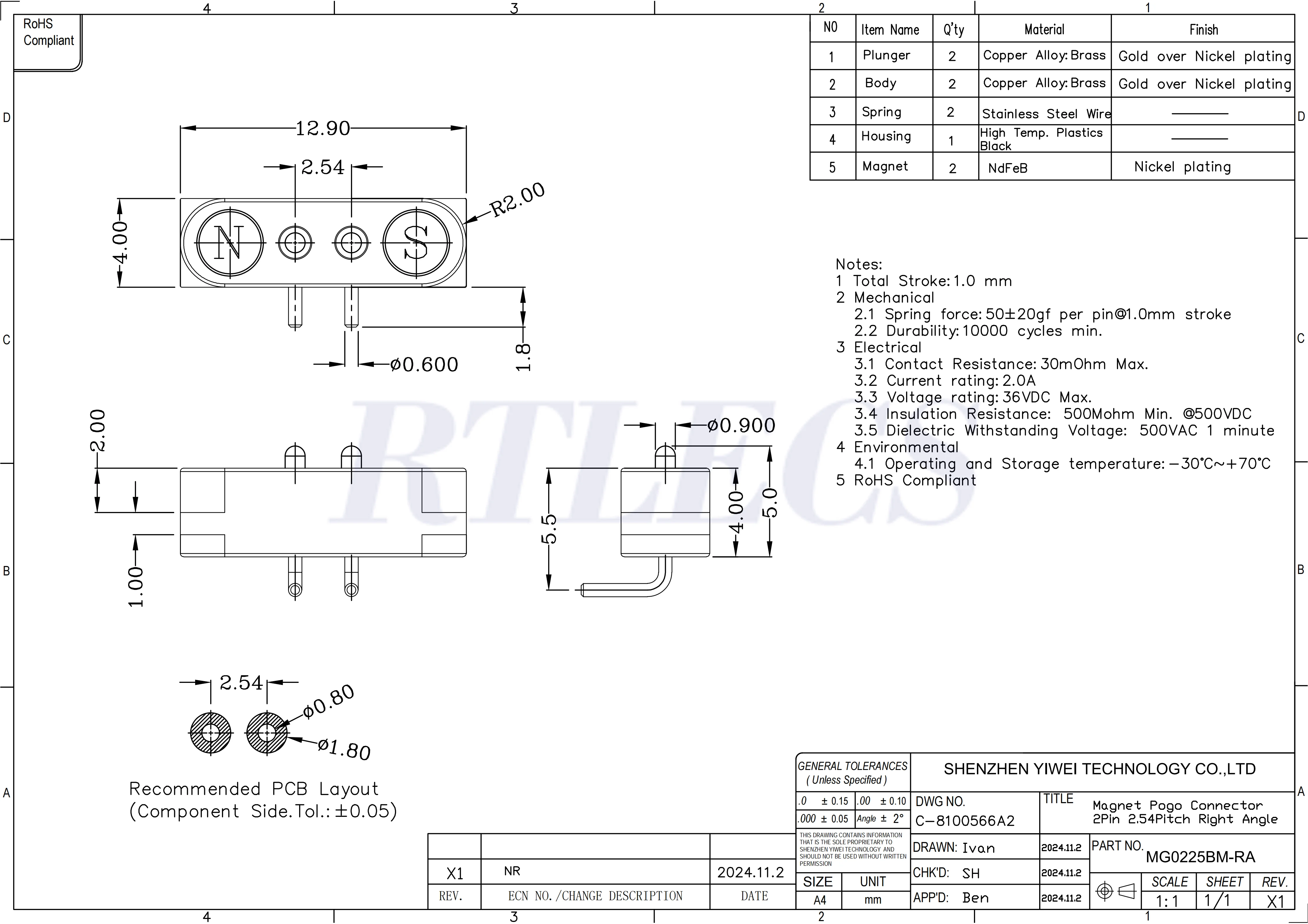 1/3/5 Paar wasserdichter DC-Magnet-Pogo-Pin-Stecker 2 3 4 5 6 7 8 9 Pole 2,54 mm Pogopin männlich weiblich Kontaktstreifen 90 Grad – Detail 17