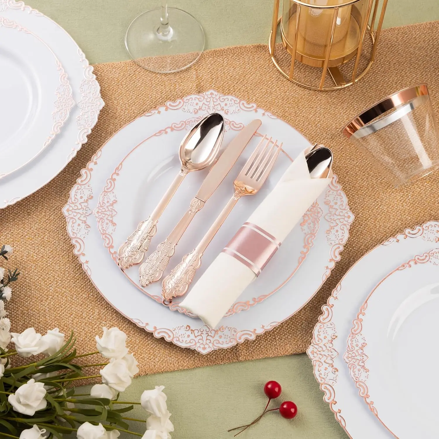 350PCS Rose Gold Plastic Plates for 50 Guests, Disposable Dinnerware Sets Include 100 Rose Gold Rim Plastic Plates 50 Silverware