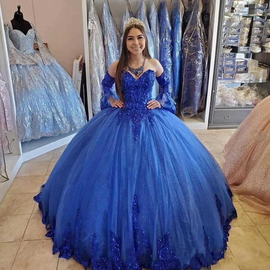 

Блестящее бальное платье ANGELSBRIDEP, платья Quinceanera со съемными рукавами, аппликация Королевского синего цвета, милые праздвечерние чные платья принцессы 15 Plus