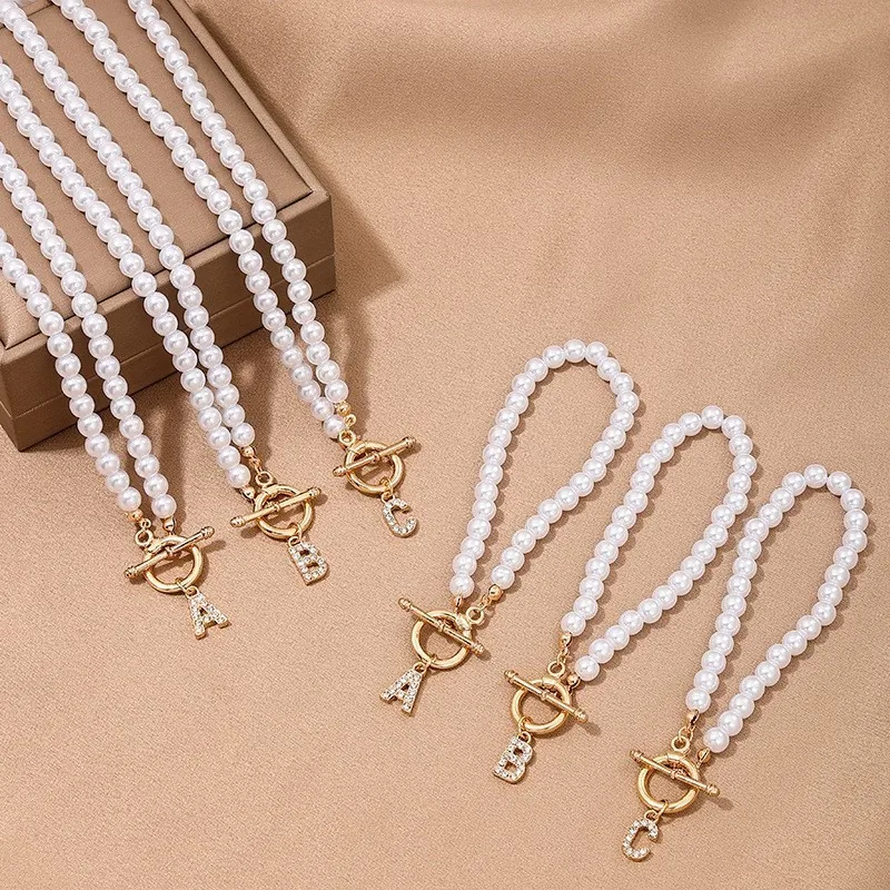 Elegant Simulated-pearl Gold Color OT Buckle 26 Letters Pendant Necklace for Women Vintage Choke Collares Jewelry Girls Gifts