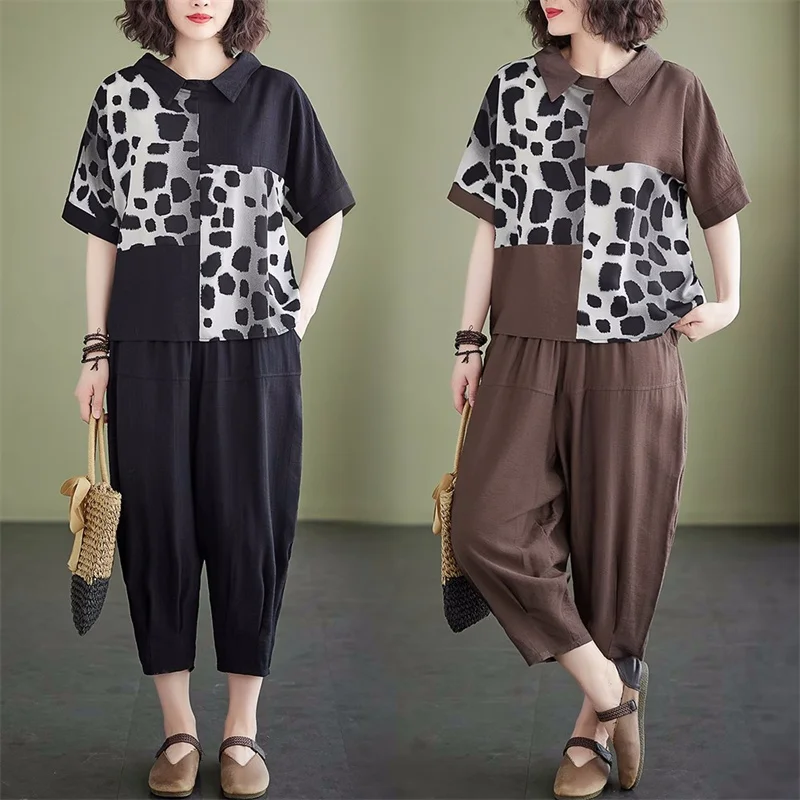 

Summer Cotton Linen Clothing Outfits Women Spliced Loose Large Size Top+Elastic Waist Wide Leg Pants 2 Piece Set Tracksuit Z778