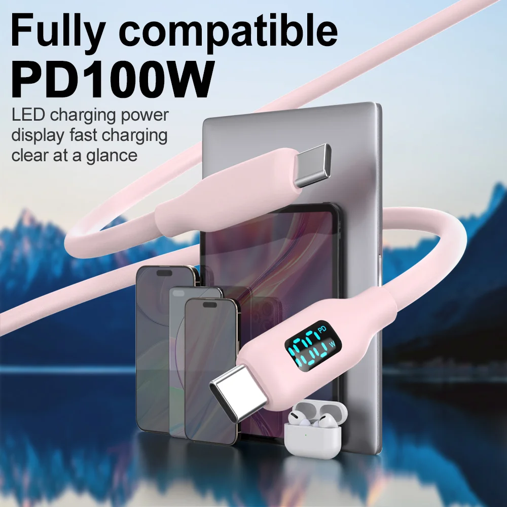 핑크 PD 100W USB C 초고속 충전 케이블 실리콘 LED 디스플레이 화면 포함 아이폰 17/16/15 타입-C 폰 및 태블릿용