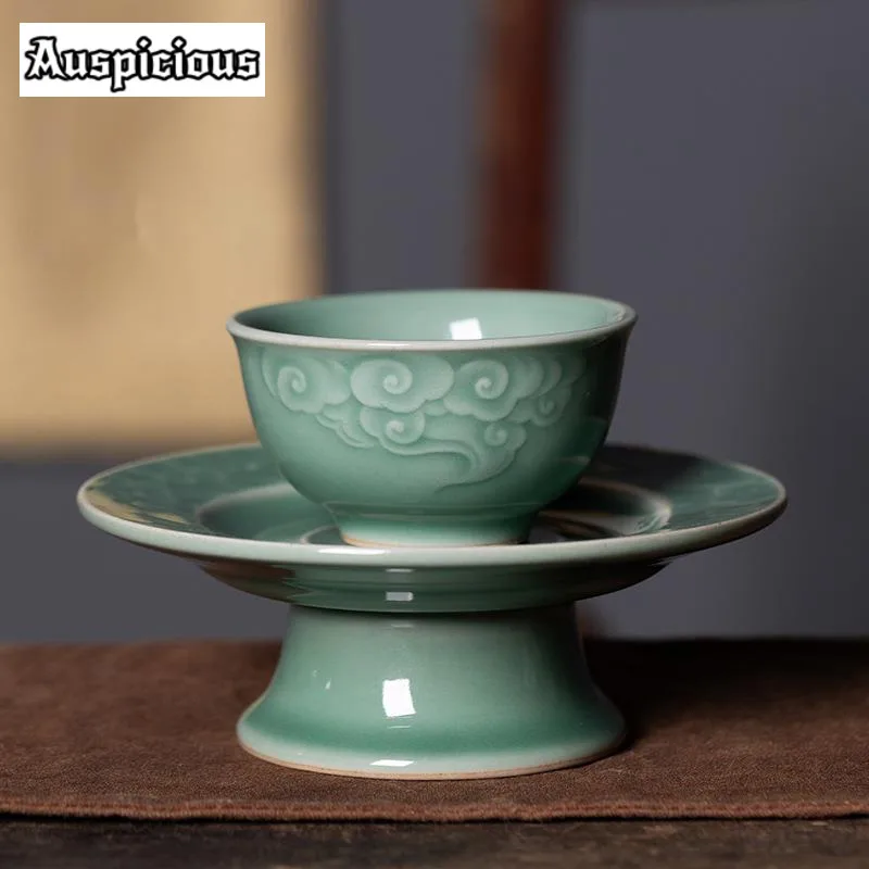 

80ML Handmade Longquan Celadon Teacup Aesthetic Auspicious Clouds Master Cup with Holder Set of Cups Jianzhan Tea Ceremony Gifts