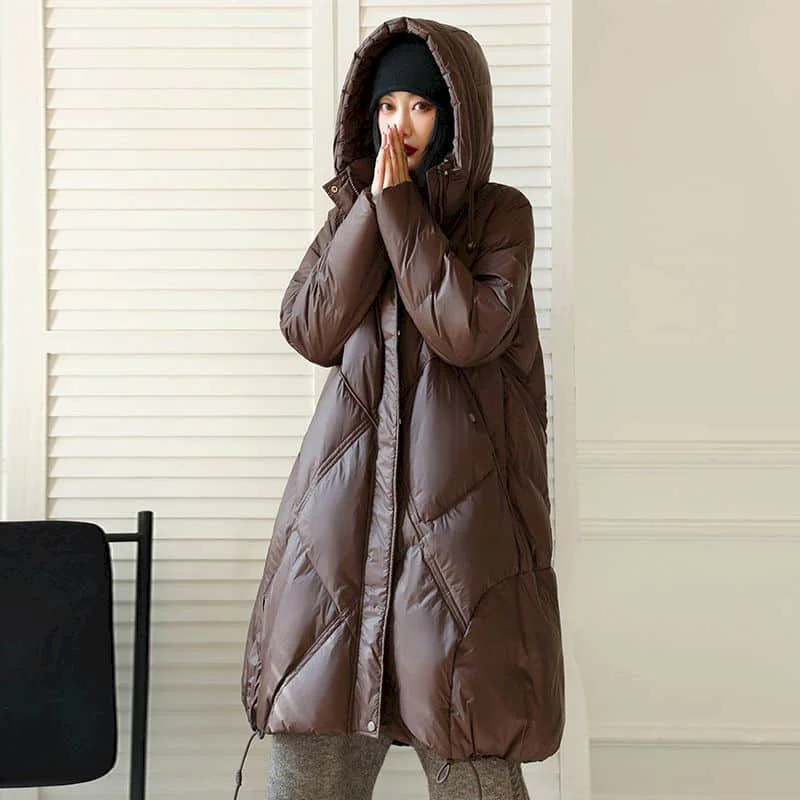 

Solid Down Coats Oversized Winter White Duck Down Hooded Jackets for Women Loose Casual Knee length Vintage Snow Clothes Women