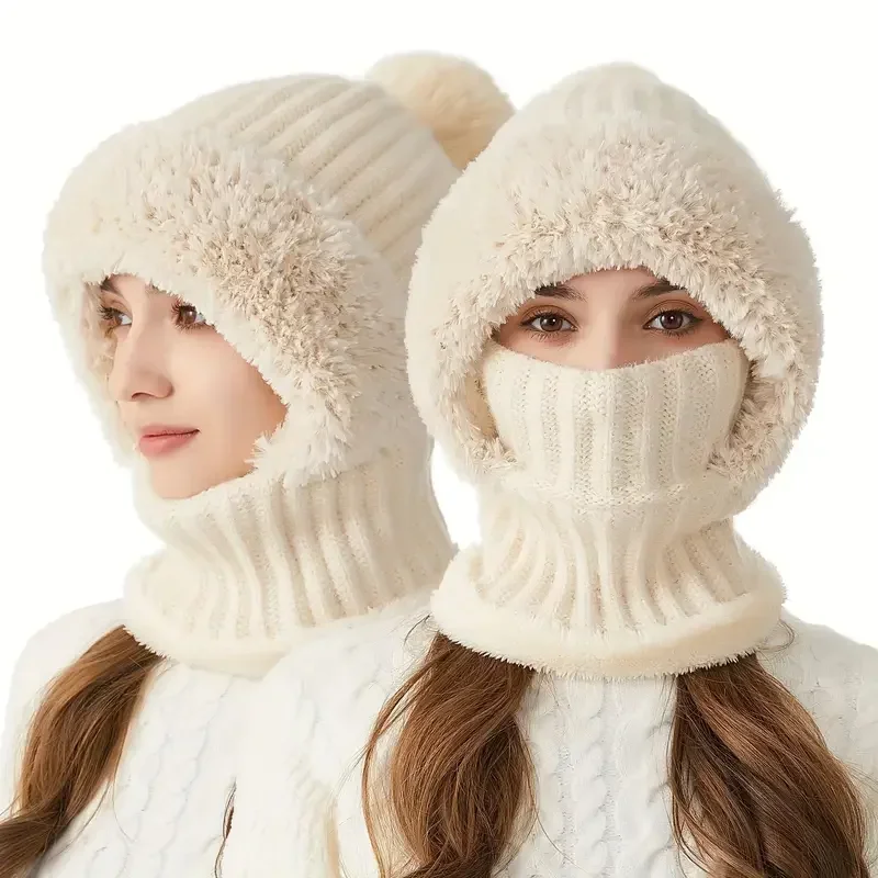 Winter Fleece Lined Knitted Hat with Ear Flaps, Windproof and Warm Hooded Neck Gaiter for Outdoor Cycling 4