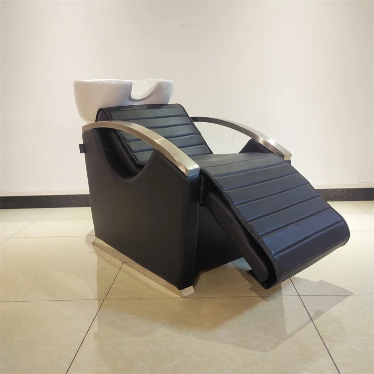 Hair and beauty salon furniture shampoo black massage electric chair with ceramic white bowl sink for sale 2