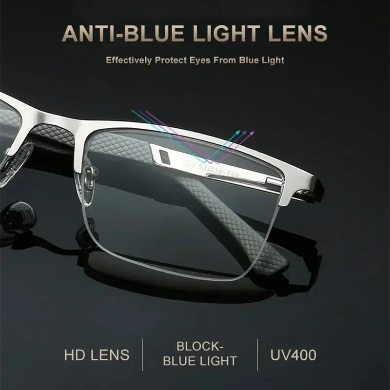 Reading Glasses Men's Half-frame Business Anti-blue Light Anti-fatigue Metal Frame Presbyopia +1.0 To +4.0