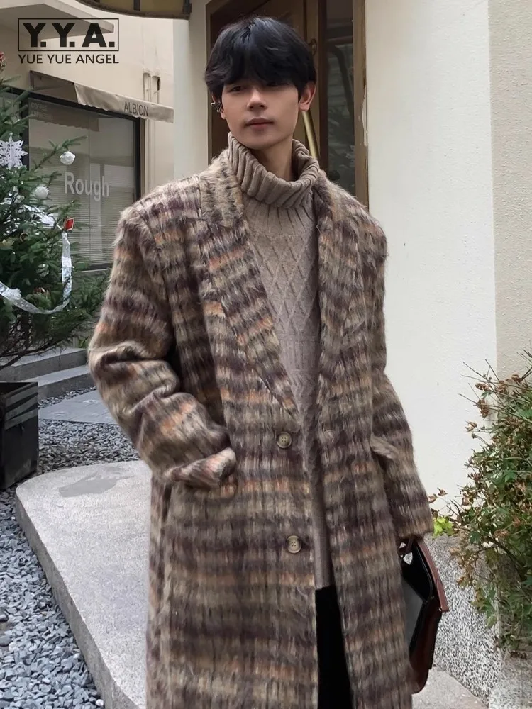 

Осенне-зимняя мужская клетчатая куртка, шерстяное пальто средней длины, свободное однобортное винтажное пальто в Корейском стиле, повседневное Мужское пальто