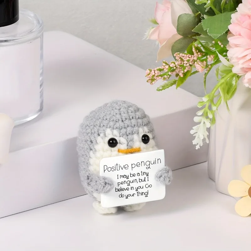 Plush Toy Positive Energy Penguin Hug Pocket Mini Handmade Plush Wool Knitting Doll with Card Funny Birthday Gifts Home Room Decoration