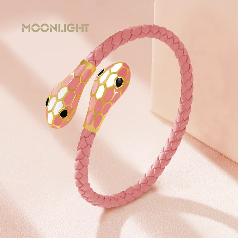 Bracelets MOONLIGHT Classic Style Double Snake Head Cuff Bangles Women Genuine Braided Leather Bracelets Female Fashion Jewelry Gifts