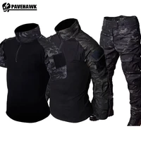 Summer Black Camo Training Set Mens Half Zip Combat Tops Waterproof Tactical Suit Elastic Multiple Pockets Quick Drying 3-pcs 1