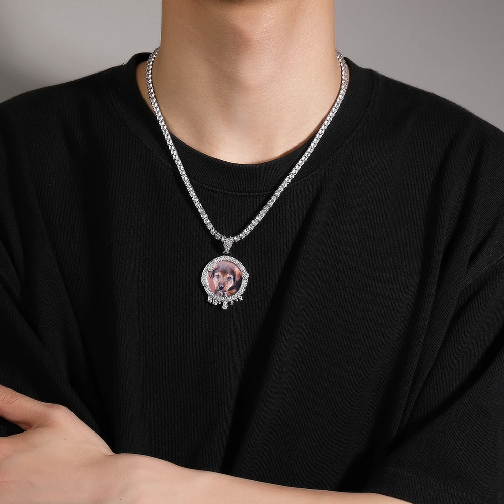 TBTK Custom Round Water Drip Photo Pendant Memory Picture Medallion Iced Out Cubic Zirconia Hiphop Jewelry For Gift