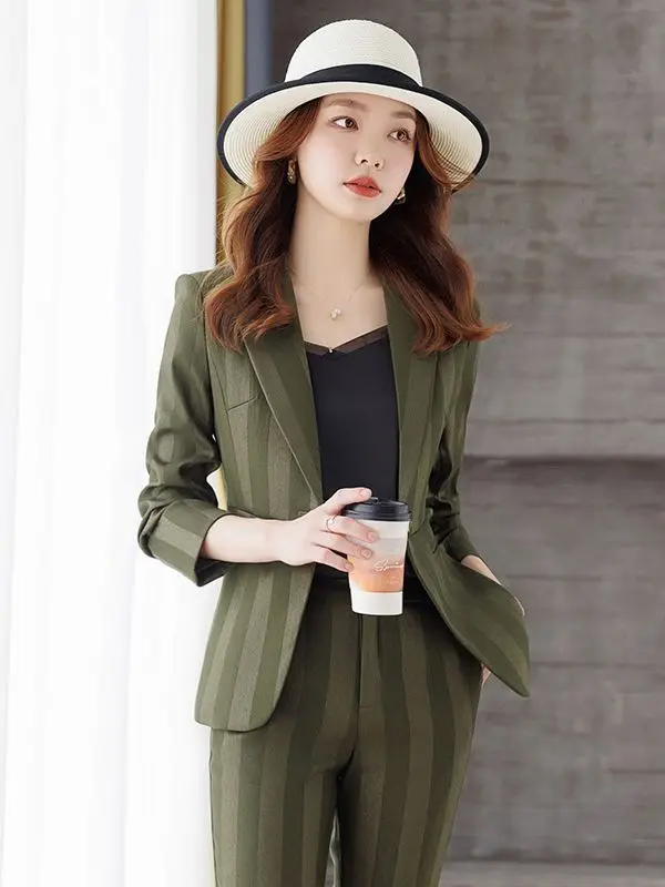 

Women's Autumn Winter Suit With Pants, Two-piece Striped One Button Commuting Blazer For Lady