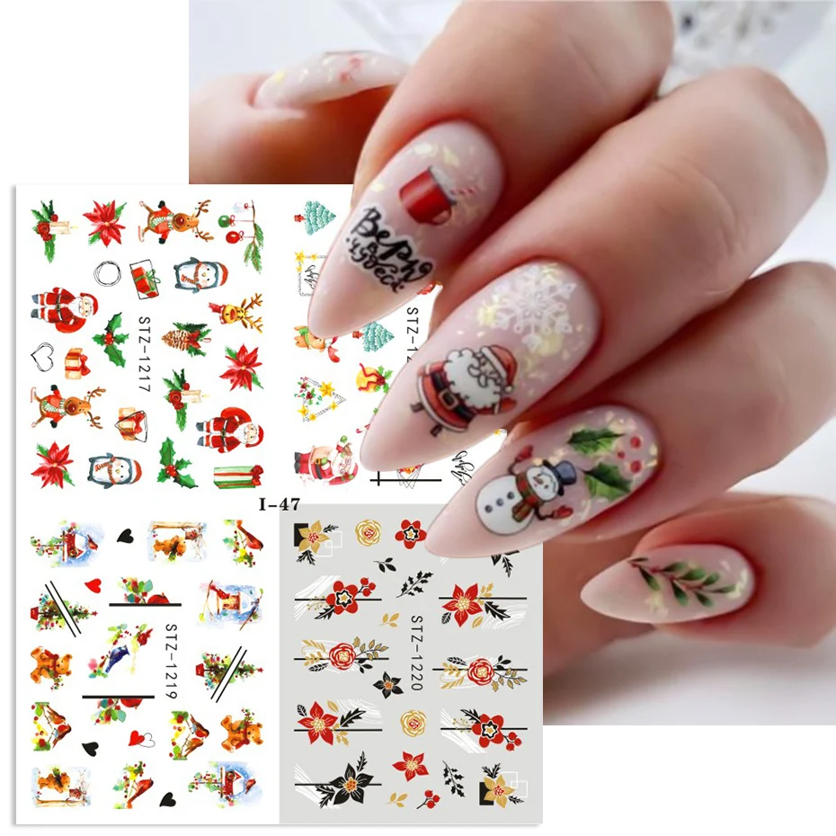 4 In 1 Xmas Flower Nail Stickers Snowflake Cartoon Bird Santa Penguin Elk Winter Decals Slider New Year Decor Manicure SAI44-49 nail stickers nail art decoration nail decals flower stickers