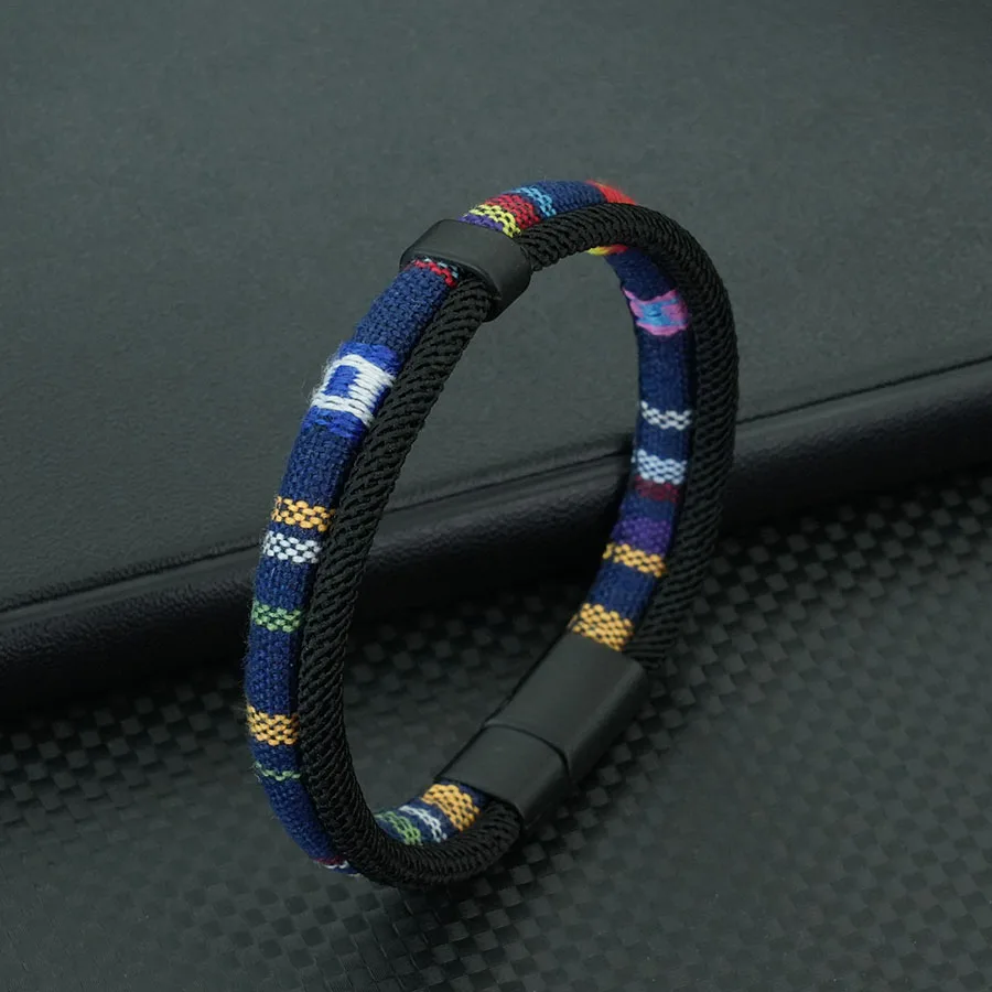 Ethnic Fabric Bilayer Bracelet For Men With Magnet Buckle