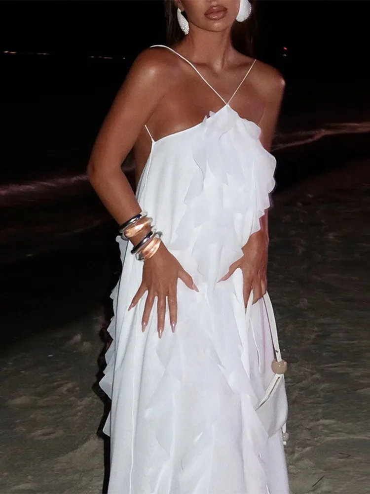 Elegant White Ruffles Edge Backless Dresses Women Sexy Off Shoulder Loose  Maxi Dress Summer Fashion Beach Vocation Party Robes - AliExpress 200000345