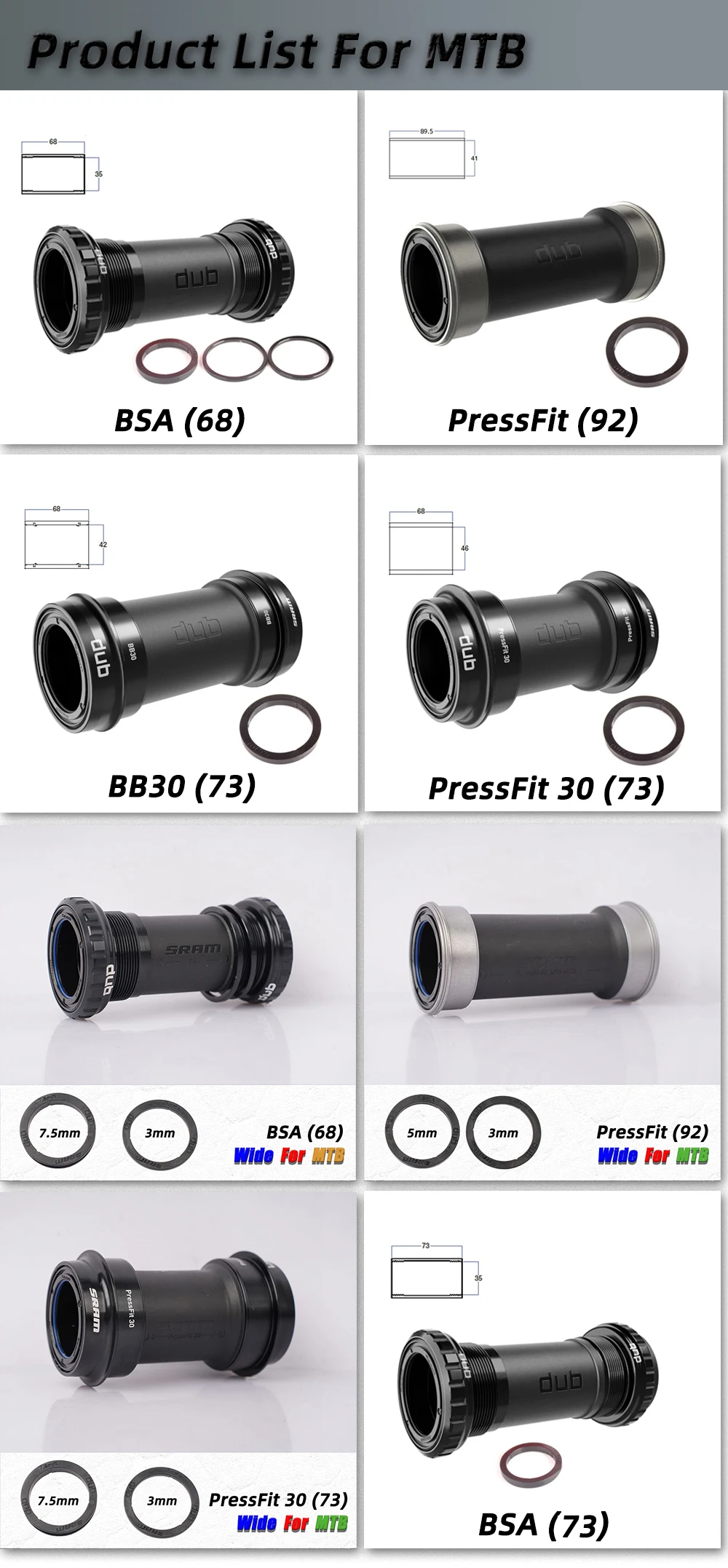 SRAM DUB MTB Bike Bottom Bracket BB Central Movement Axis Thread BSA 68mm Press Fit BB30 PF30 PF92 Bicycle Part
