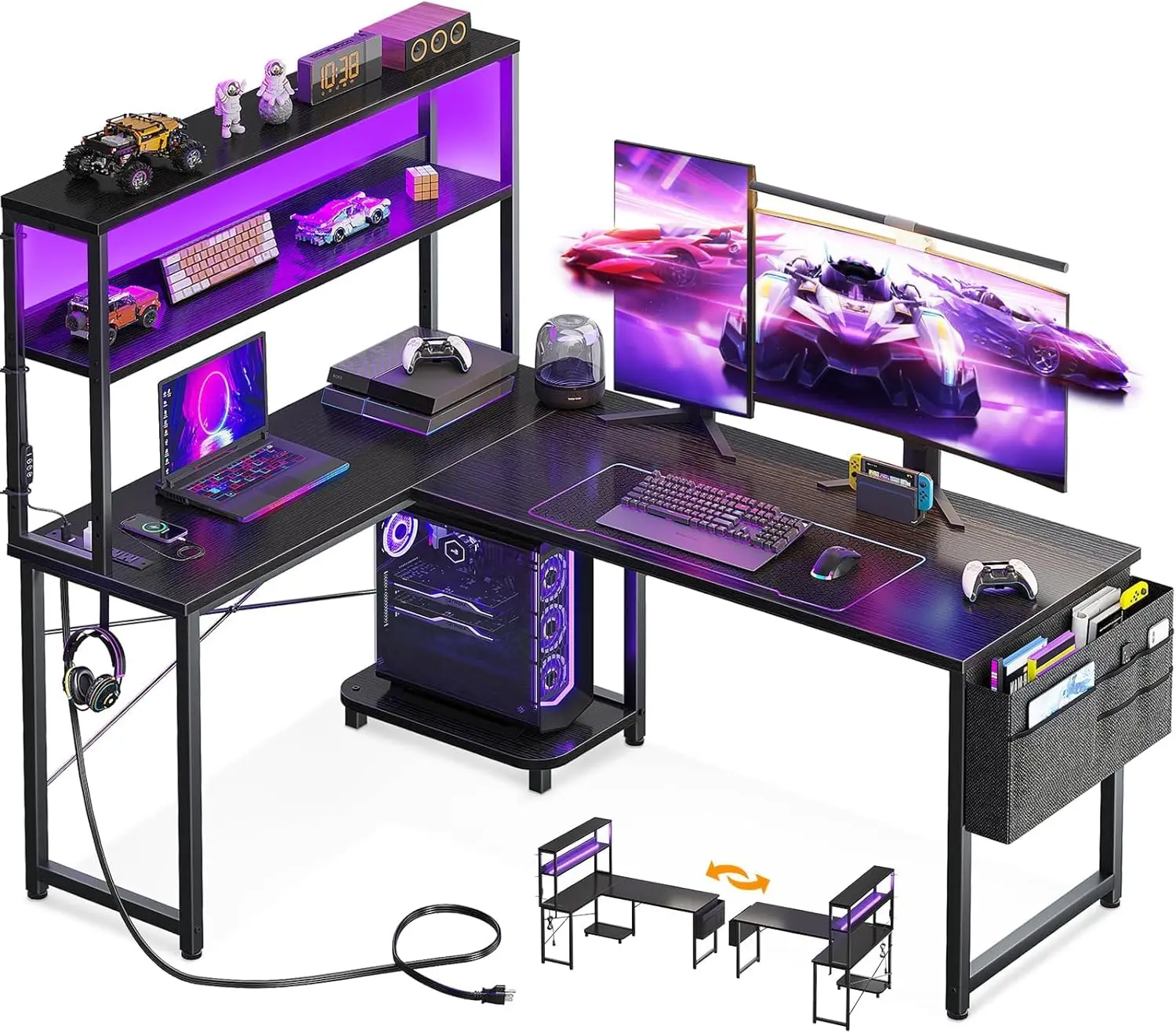L Shaped Desk Gaming Desk with LED Light & Power Outlet, 53 Inch Reversible L Shaped Computer Table with Shelf
